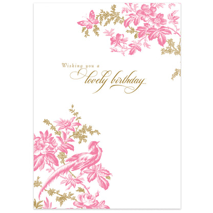 The Modern Botanical Birthday Card showcases a pink floral and bird design with "Wishing you a lovely birthday" in gold foil cursive. It includes a printed lined envelope to add charm and ensure your wishes come true.