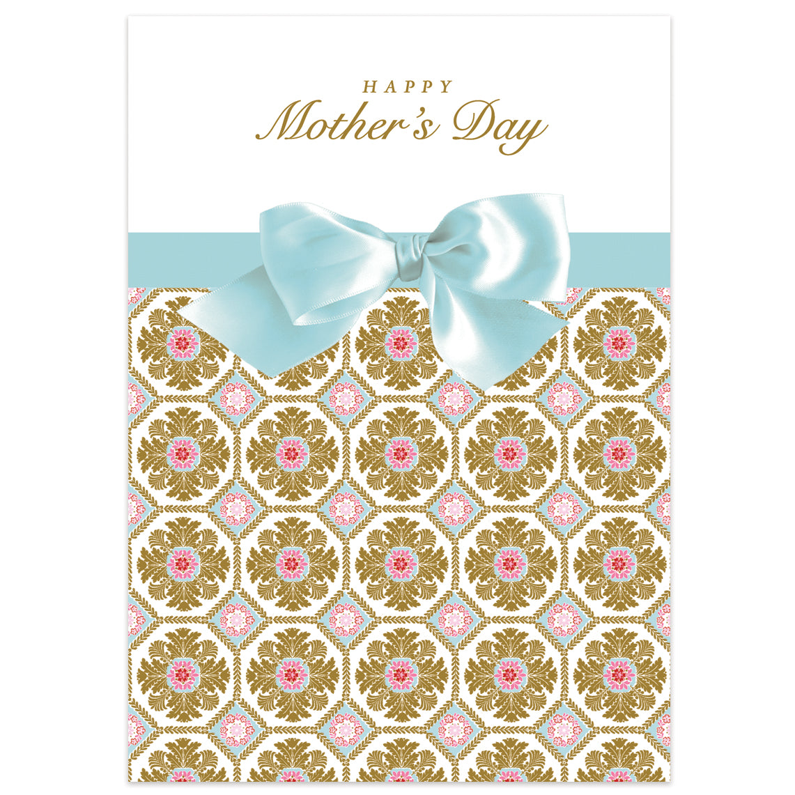 The Acanthus Mother's Day card features a light blue bow, gold foil accents, and a pink floral pattern. It reads "Happy Mother's Day" at the top and includes a printed lined envelope along with an elegant interior sentiment to express your love and appreciation.