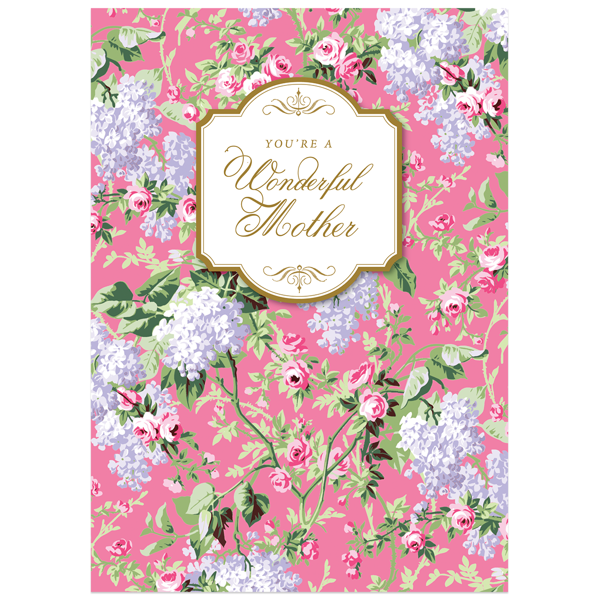 The Annalise Mother's Day Card showcases pink, green, and white blossoms with the message "You’re a Wonderful Mother" elegantly scripted within a decorative frame, enhanced with shimmering gold foil.