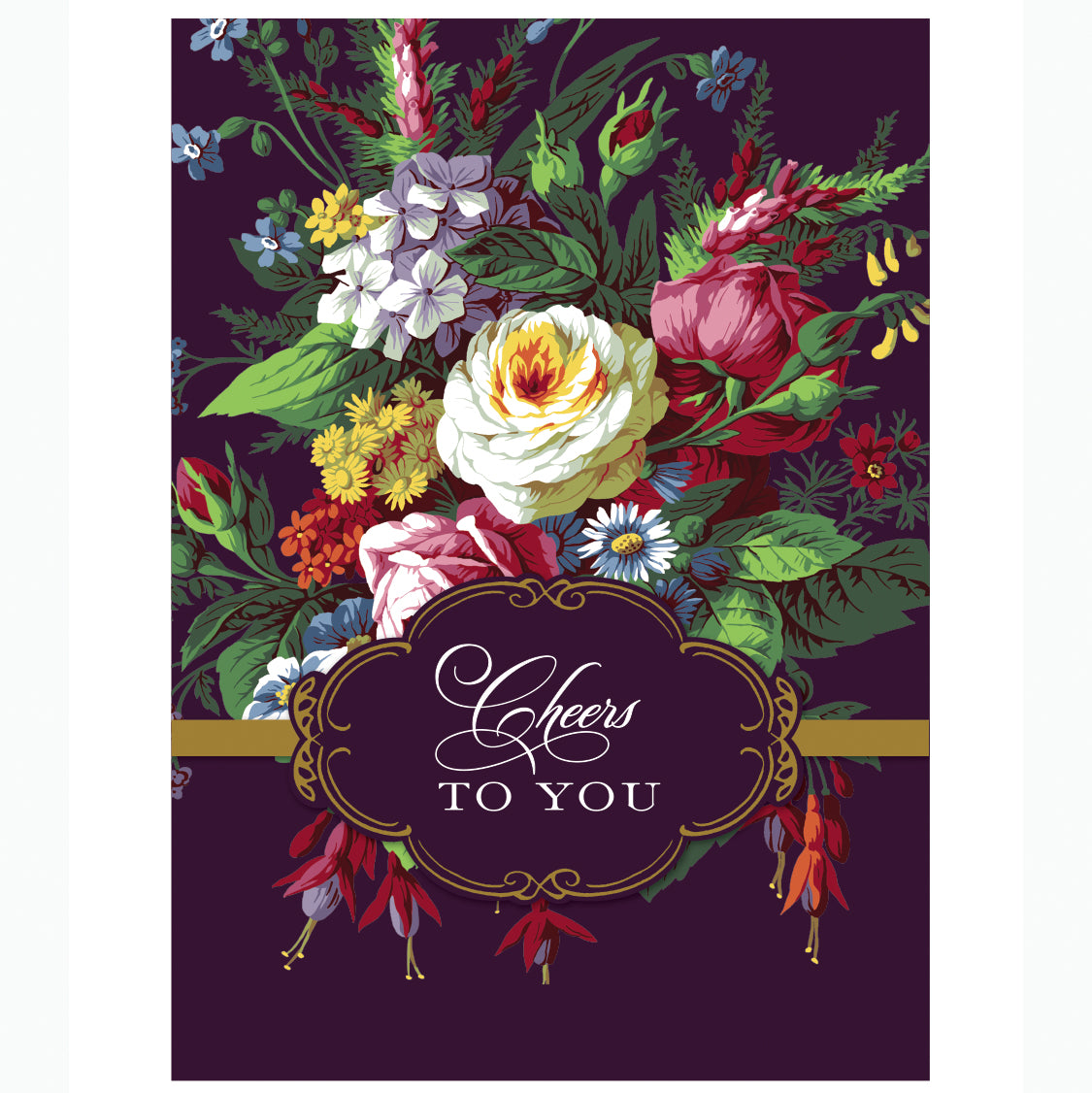 The Astrid Cheers to You Card features a floral arrangement with white, pink, and yellow flowers on a dark background. "Cheers to You" is elegantly scripted in the center, enhanced with gold foil accents for a stunning congratulations card.