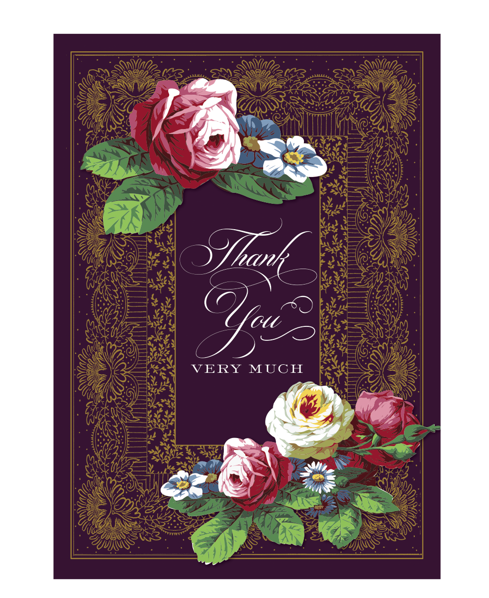 The Astrid Thank You Card showcases an ornate floral border with roses and leaves in gold foil. The phrase "Thank You Very Much" is elegantly scripted on a dark purple backdrop, paired with a lined envelope for sophistication.