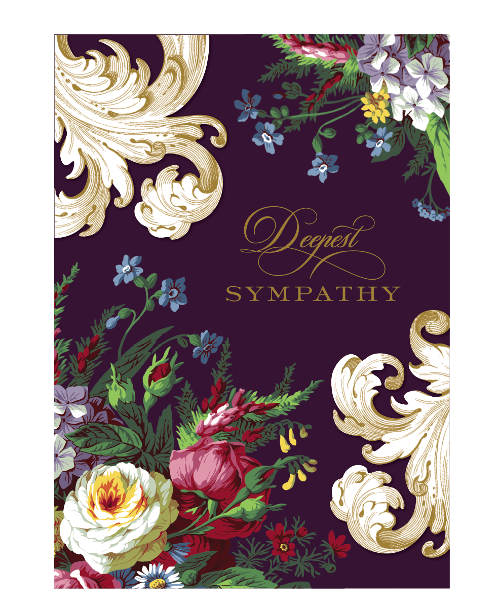 The Astrid Sympathy Card features an ornate floral design with gold foil "Deepest Sympathy" lettering on a dark background, complemented by a printed lined envelope for expressing heartfelt condolences.