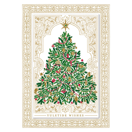 A Traditional Tree Single Card features a decorated Christmas tree with ornaments, encased in an ornate gold border. Below, the text reads "Yuletide Wishes.