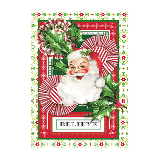 The Believe in Santa Single Card features an illustration of Santa Claus surrounded by peppermint candies, holly, floral patterns, and the word "BELIEVE" at the bottom.