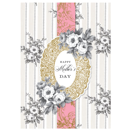 The Faded Rose Mother's Day Card displays "Happy Mother's Day" in an ornate gold foil pink oval frame, surrounded by gray floral patterns on a striped background. It includes a beautifully printed lined envelope.