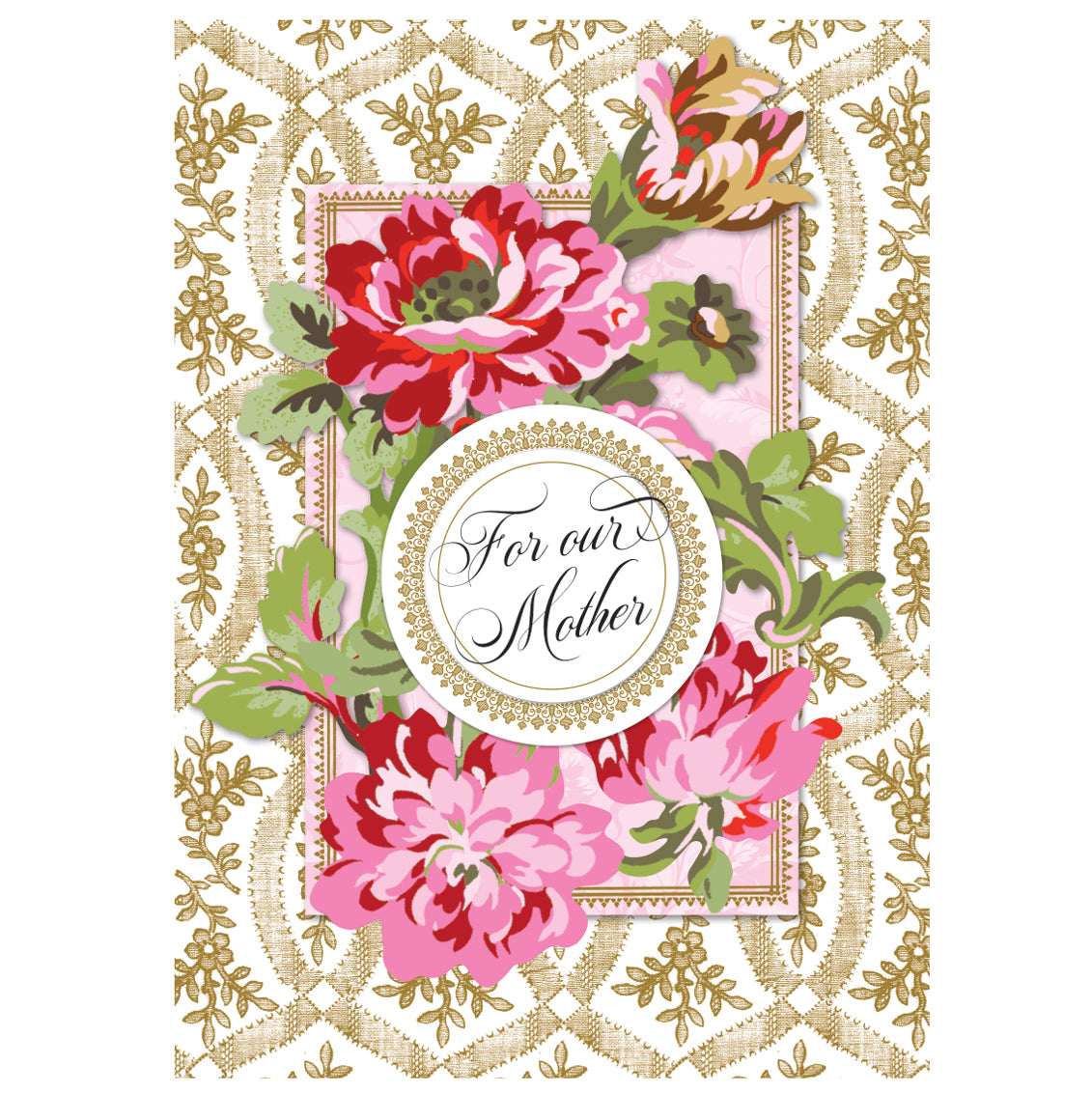 The Phoebe Floral For Mother Card showcases pink and red ornate flowers with "For our Mother" in a decorative circle. It features a gold and white pattern background and includes a matching printed lined envelope.