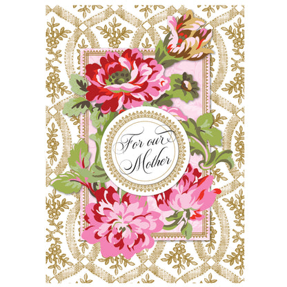 The Phoebe Floral For Mother Card showcases pink and red ornate flowers with "For our Mother" in a decorative circle. It features a gold and white pattern background and includes a matching printed lined envelope.