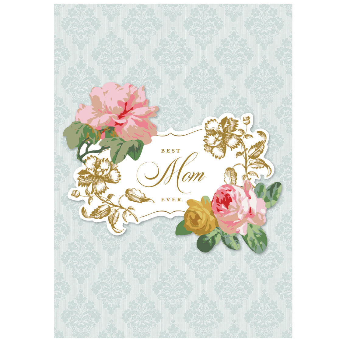 The "Best Mom Ever Card" features floral designs and text on a patterned light blue background, paired with a printed lined envelope.