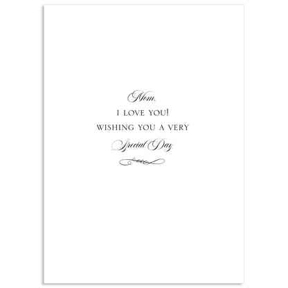 The Wildflower Bouquet Happy Mother's Day Card features elegant script with the message "Mom, I love you! Wishing you a very special day," enhanced by shimmering gold foil and comes with a printed lined envelope.