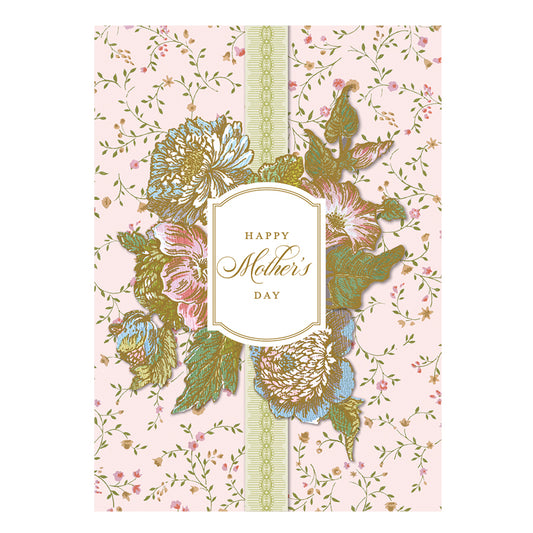 The "Wildflower Bouquet Happy Mother's Day Card" features intricate floral designs and a ribbon accent, with "Happy Mother's Day" in the center. This elegant 5" x 7" card includes a lined envelope and shimmering gold foil for added luxury.