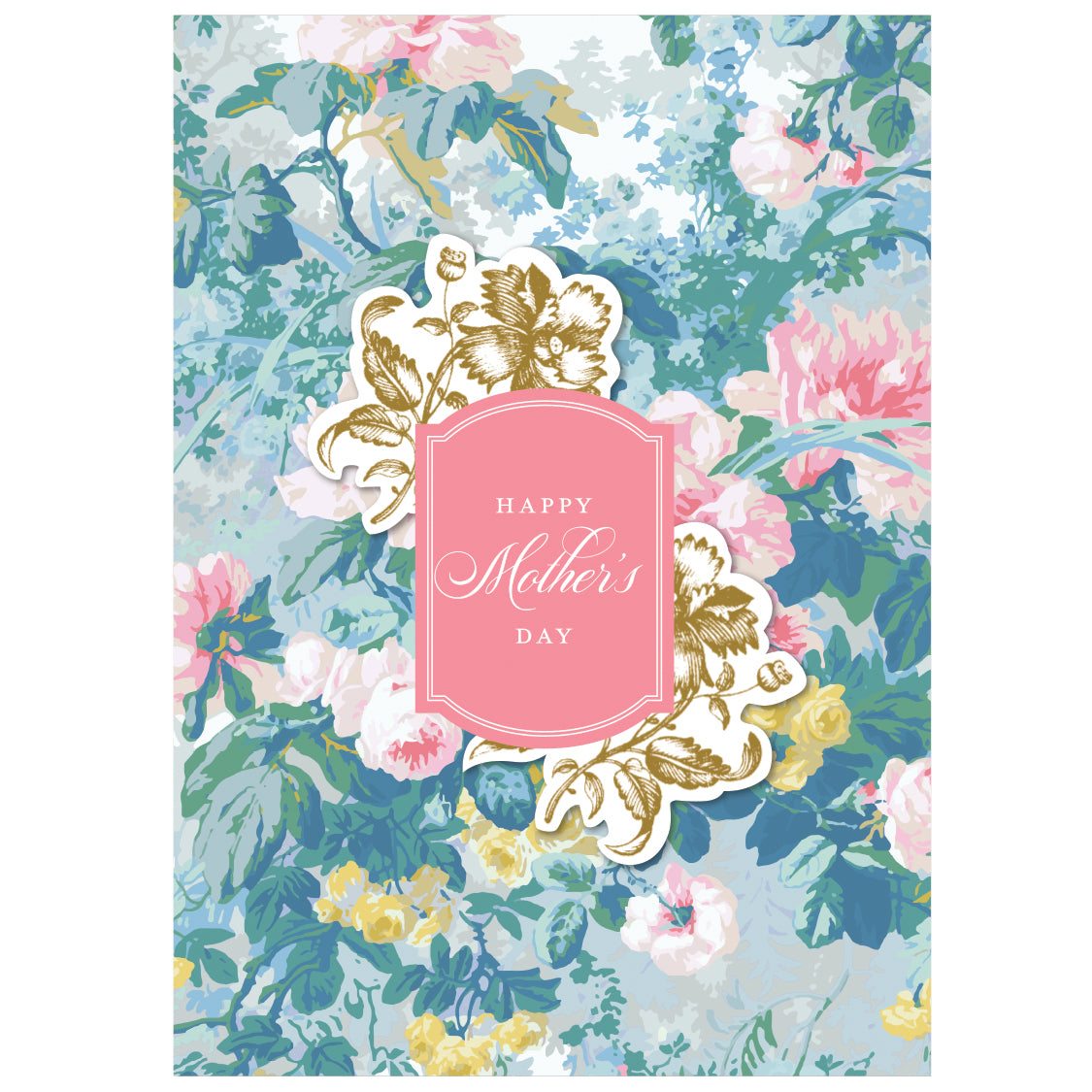 The Virginia Floral Happy Mother's Day Card features a floral background with decorative accents around a pink label reading "Happy Mother's Day" in white script, paired with a printed lined envelope for added elegance.