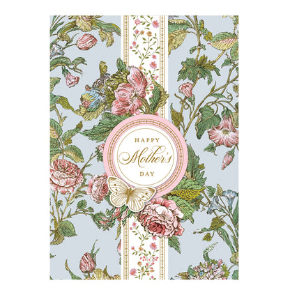 The Wildflower Meadow Happy Mother's Day Card features pink roses and green leaves on a pale blue background, with "Happy Mother's Day" in a gold foil circular emblem, and a butterfly design. It includes an interior sentiment and a printed lined envelope for added elegance.