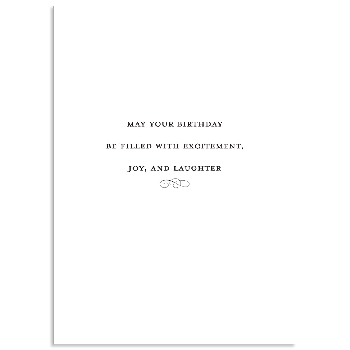 The Francesca Happy Birthday Card is a white card featuring black text with a touch of gold foil, reading "May your birthday be filled with excitement, joy, and laughter," along with a small decorative design.