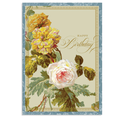 The Francesca Happy Birthday Card showcases a bouquet of yellow and white roses with green foliage on a light green backdrop, accented by a gold foil border. It comes with an elegantly printed lined envelope.