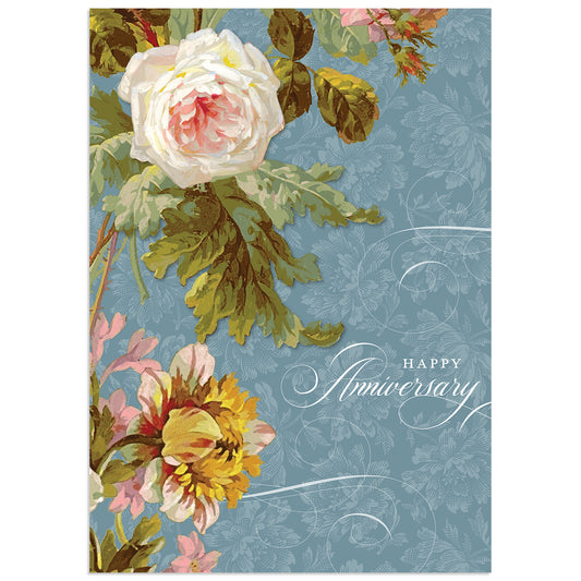 The Francesca Happy Anniversary Card features pink and yellow flowers on a blue background with "Happy Anniversary" in gold foil. Includes a printed lined envelope, perfect for celebrating life's journey together.