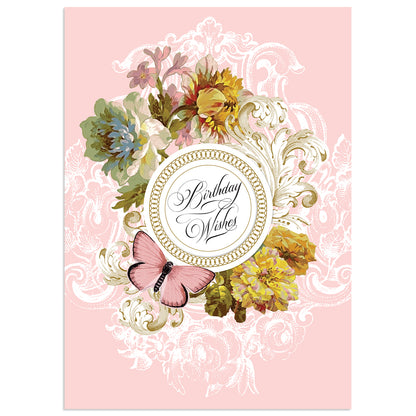 The Francesca Birthday Wishes Card features a floral design, intricate white swirls, and a pink butterfly. "Birthday Wishes" is elegantly scripted in the center and accented with gold foil. It includes a beautifully printed envelope for a complete, luxurious look.