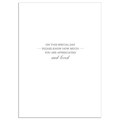 The Francesca Mother's Day Card is a 5" x 7" greeting card featuring an elegant font against a white background with the message, "On this special day, please know how much you are appreciated and loved." It comes with a printed lined envelope and delicate gold foil accents for added charm.