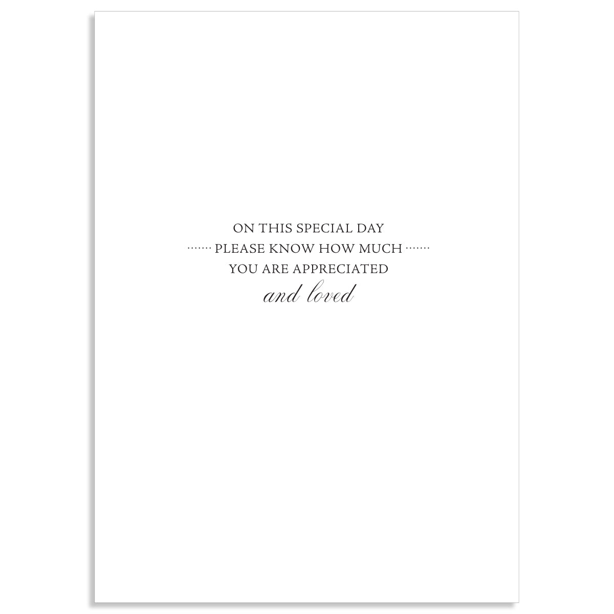 The Francesca Birthday Wishes Card features elegant fonts on a plain white background with the words: "ON THIS SPECIAL DAY PLEASE KNOW HOW MUCH YOU ARE APPRECIATED and loved." It includes a printed envelope, and its understated elegance speaks volumes.