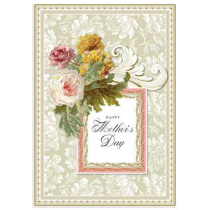 The Francesca Mother's Day card highlights roses and intricate swirls on a light green backdrop, paired with a printed lined envelope.