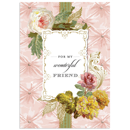 The Francesca Friendship Card features a floral design with "For my wonderful friend" in an ornate frame, accented with elegant gold foil. It includes a matching printed lined envelope to enhance your thoughtful message.