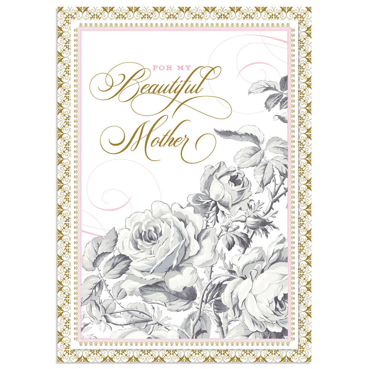 The "Faded Rose Beautiful Mother Card" features gold foil lettering and a graceful floral design with roses, and comes with a printed lined envelope.