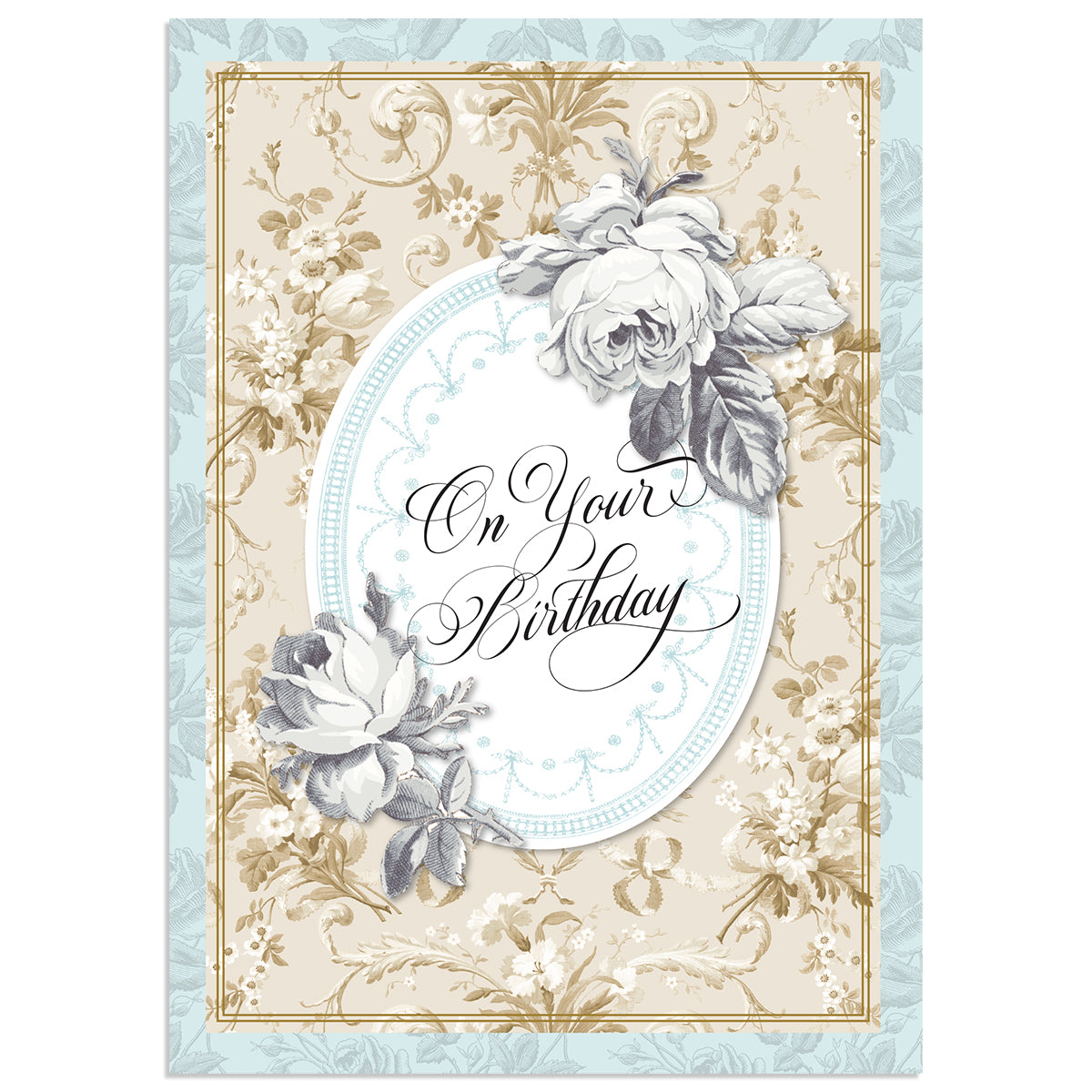 The Faded Rose On Your Birthday Card showcases a vintage floral design with gold foil accents and the words "On Your Birthday" at its center. Sized at 5" x 7", it includes a matching printed lined envelope for extra elegance.