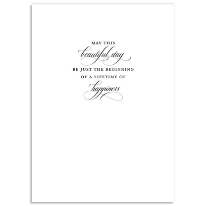 The Faded Rose Congratulations Card features elegant black script text on a white backdrop: "May this beautiful day be just the beginning of a lifetime of happiness," and it comes with a printed lined envelope for added sophistication.