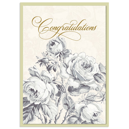 The Faded Rose Congratulations Card features "Congratulations" in elegant gold foil cursive and a black and white illustration of blooming roses, complete with a printed lined envelope for a sophisticated touch.