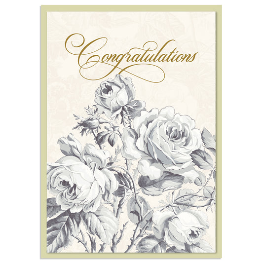 The Faded Rose Congratulations Card features "Congratulations" in elegant gold foil cursive and a black and white illustration of blooming roses, complete with a printed lined envelope for a sophisticated touch.