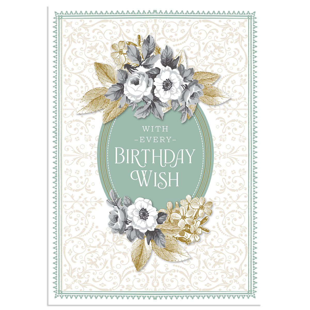 The "Faded Rose Birthday Wish Card" is an ornate 5" x 7" card featuring a floral design in gray, gold, and teal with "With Every Birthday Wish" in an oval frame. It includes gold foil accents and a printed lined envelope for added elegance.