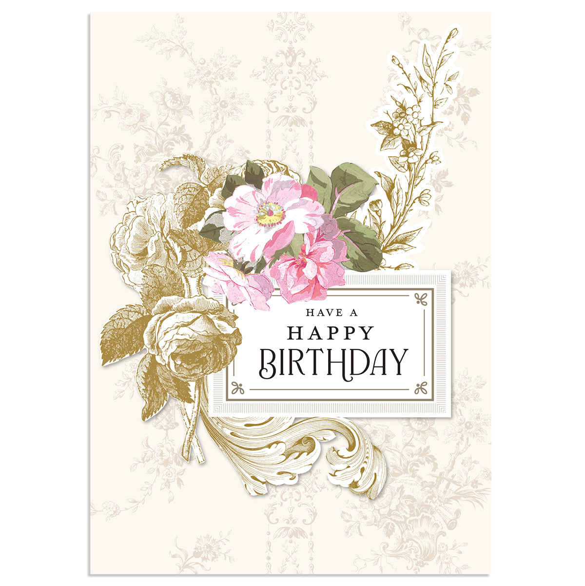 The Faded Rose Happy Birthday Card features a vintage design with pink flowers and ornate gold foil accents around the "Have a Happy Birthday" text. It includes a printed lined envelope for a complete look.