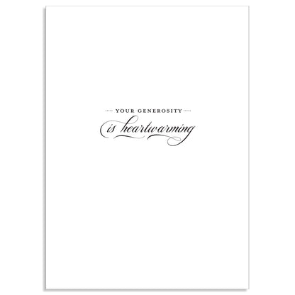 The Faded Rose Thank You Card features a white card with "Your generosity is heartwarming" in elegant black script, tucked inside a printed lined envelope with gold foil accents.