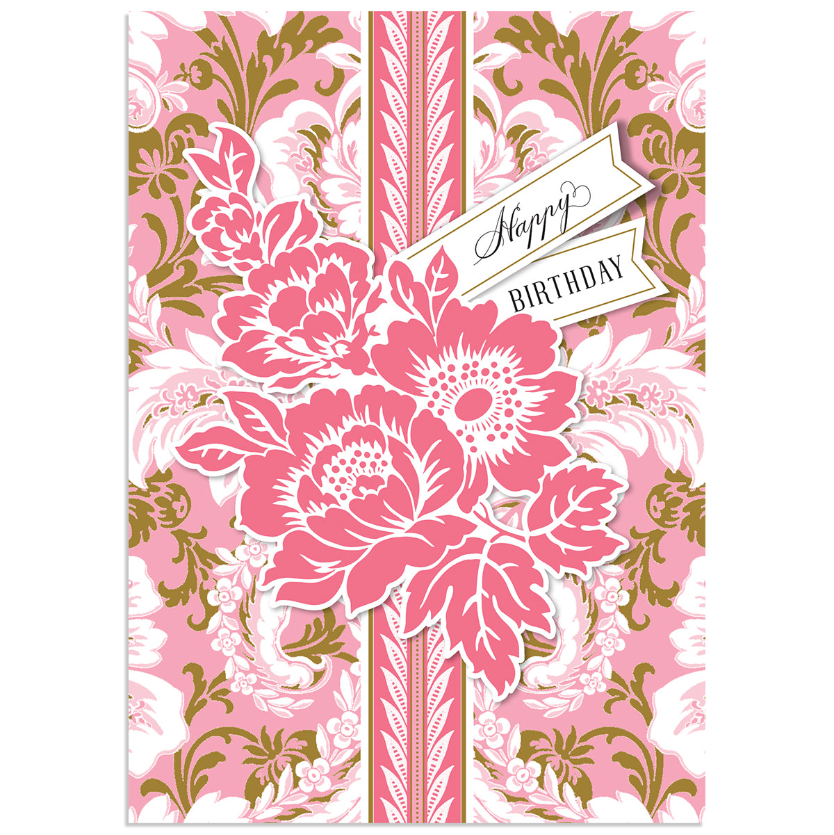 The Pink Damask Happy Birthday Card features an ornate design with pink flowers, green foliage, gold foil accents, and two "Happy Birthday" banners on a patterned background—ideal for celebrating a special day.