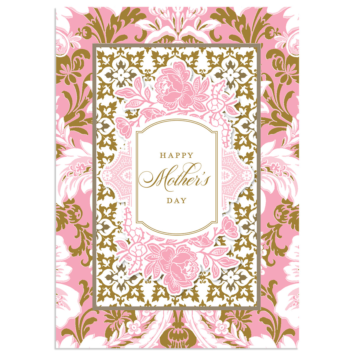 The Pink Damask Mother's Day Card features pink and gold floral patterns with "Happy Mother's Day" in elegant script. Accented with luxurious gold foil, it includes a beautifully printed lined envelope.