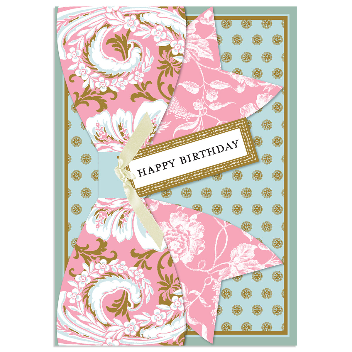 The Pink Damask Birthday Bow Card features a decorative pattern in pink, white, and gold foil with a large bow and "Happy Birthday" message on a blue background sprinkled with gold dots. It includes warmest wishes for your special day.