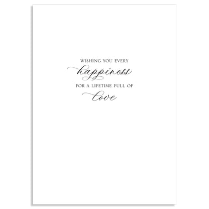 Pink Damask Best Wishes Card: White card with gold foil accents and the message "Wishing you every happiness for a lifetime full of love" in elegant script, comes with a matching envelope.