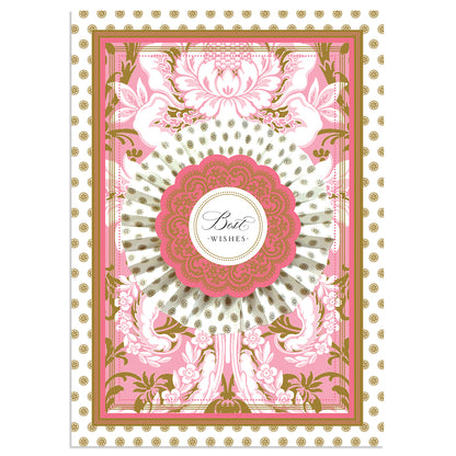 The Pink Damask Best Wishes Card showcases intricate pink, white, and gold foil patterns with a central medallion reading "Best Wishes," and comes with a matching envelope.