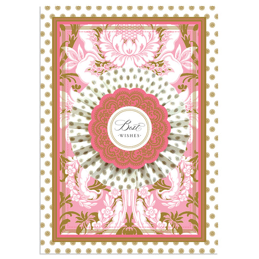 The Pink Damask Best Wishes Card showcases intricate pink, white, and gold foil patterns with a central medallion reading "Best Wishes," and comes with a matching envelope.