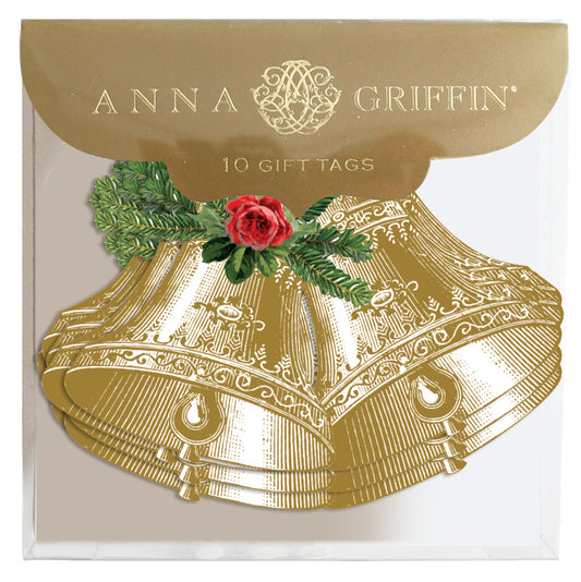 A package of Christmas Bells Tag 10 ct featuring gold and ornate, bell-shaped gift tags adorned with red and green holiday floral decorations.