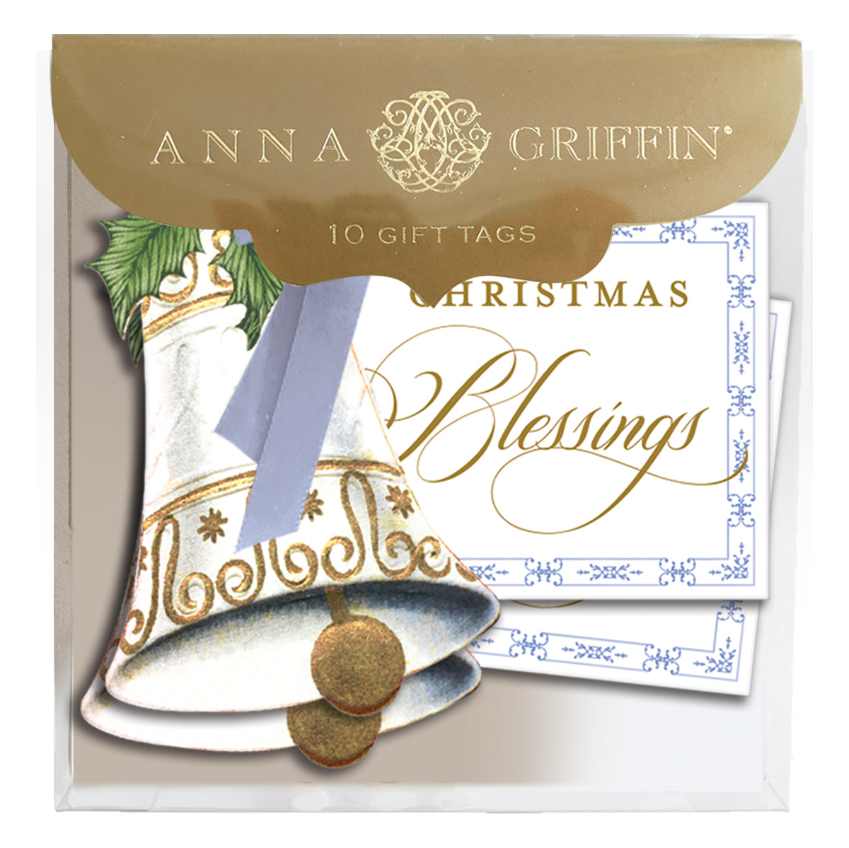 A 10-count package of Blessings Bell Tags by Anna Griffin, featuring decorative bell designs, gold foil accents, and "Christmas Blessings" in gold script.