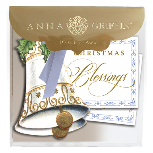 A 10-count package of Blessings Bell Tags by Anna Griffin, featuring decorative bell designs, gold foil accents, and "Christmas Blessings" in gold script.