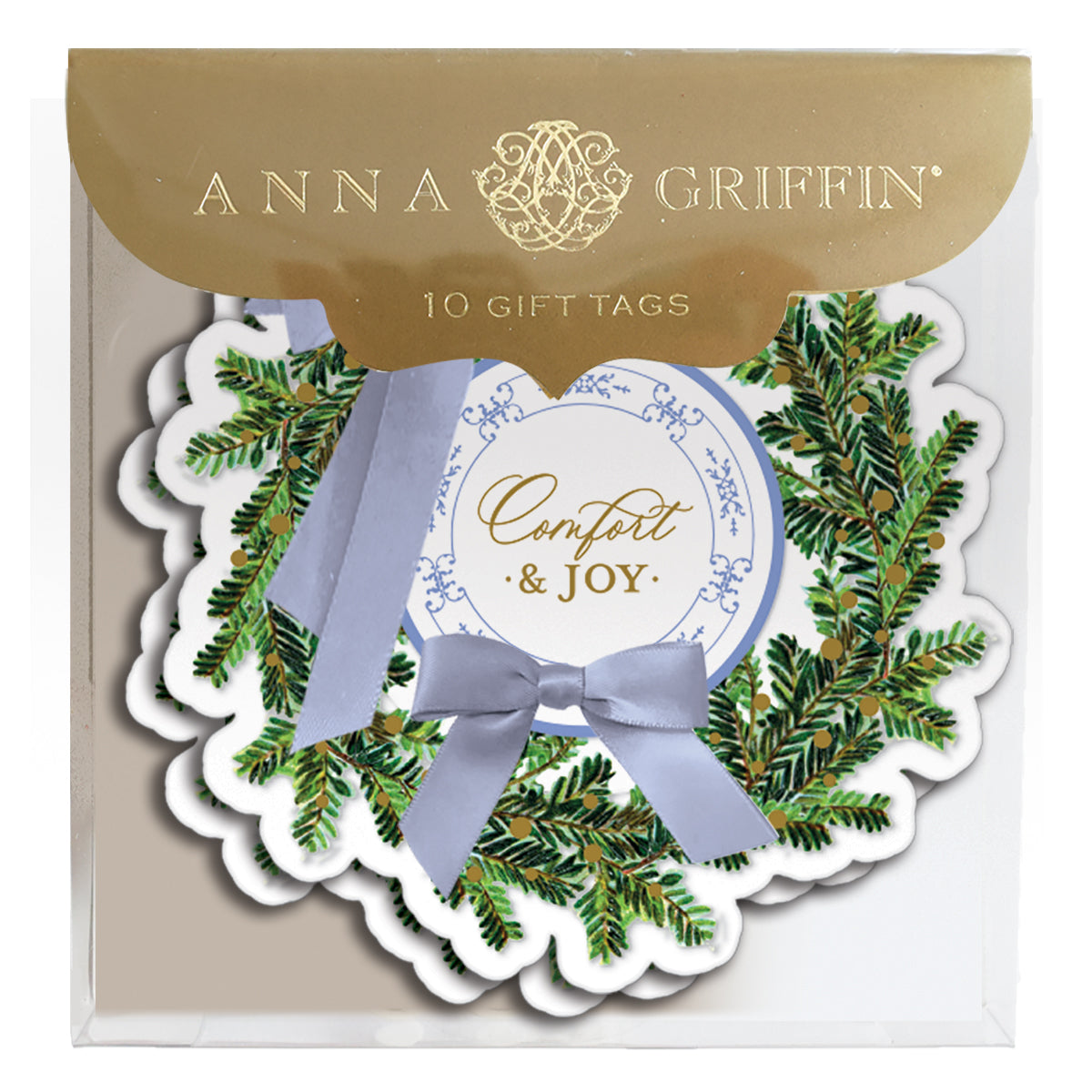 The Comfort Wreath Tag 10ct includes 10 large gold foil gift tags by Anna Griffin, each with a wreath design, gray bow, and "Comfort & Joy" in the center.