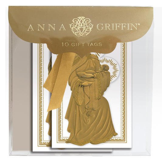 A package of Anna Griffin Madonna and Child Tags (10ct), featuring gold foil embossed art of a robed figure with a baby, and decorative gold envelope flaps.