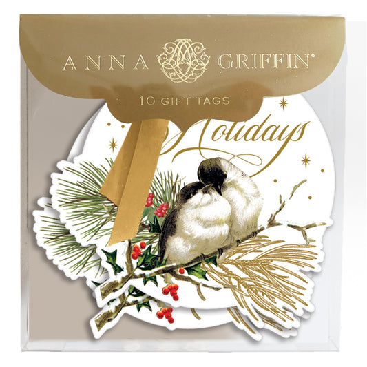 Holidays Birds Tag 10ct package includes large gift tags with ribbon, adorned with two birds on a branch, pine needles, holly berries, and gold foil. Perfect for holiday gifts.