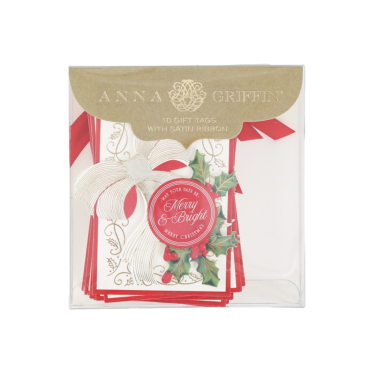 A package of Heirloom Holly Tag 10 ct by Anna Griffin includes 10 Christmas gift tags with satin ribbon, featuring a festive holly design, a white bow, and “Merry & Bright” text.