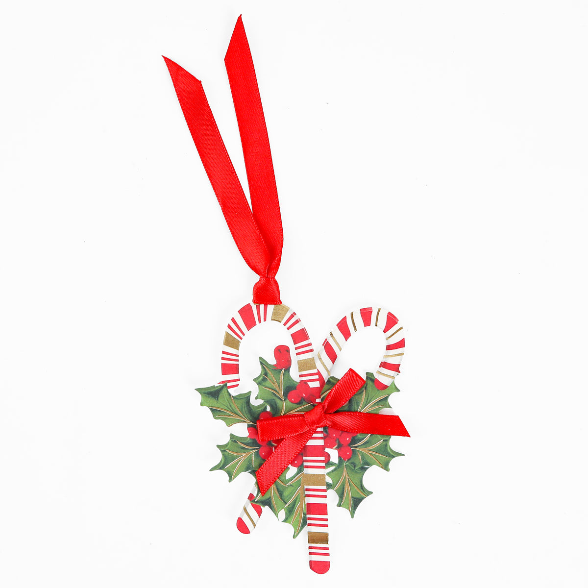 Add a festive touch to your holiday gifts with the Festive Candycanes Tag 10 ct—candy cane ornaments adorned with a red ribbon and holly leaves, set against a white background. Perfect for decorating gift tags or using as charming candy cane gift tags this season.