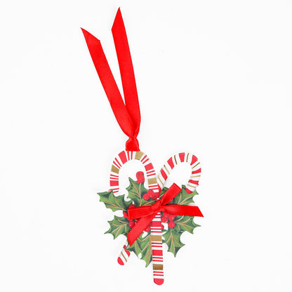 Add a festive touch to your holiday gifts with the Festive Candycanes Tag 10 ct—candy cane ornaments adorned with a red ribbon and holly leaves, set against a white background. Perfect for decorating gift tags or using as charming candy cane gift tags this season.