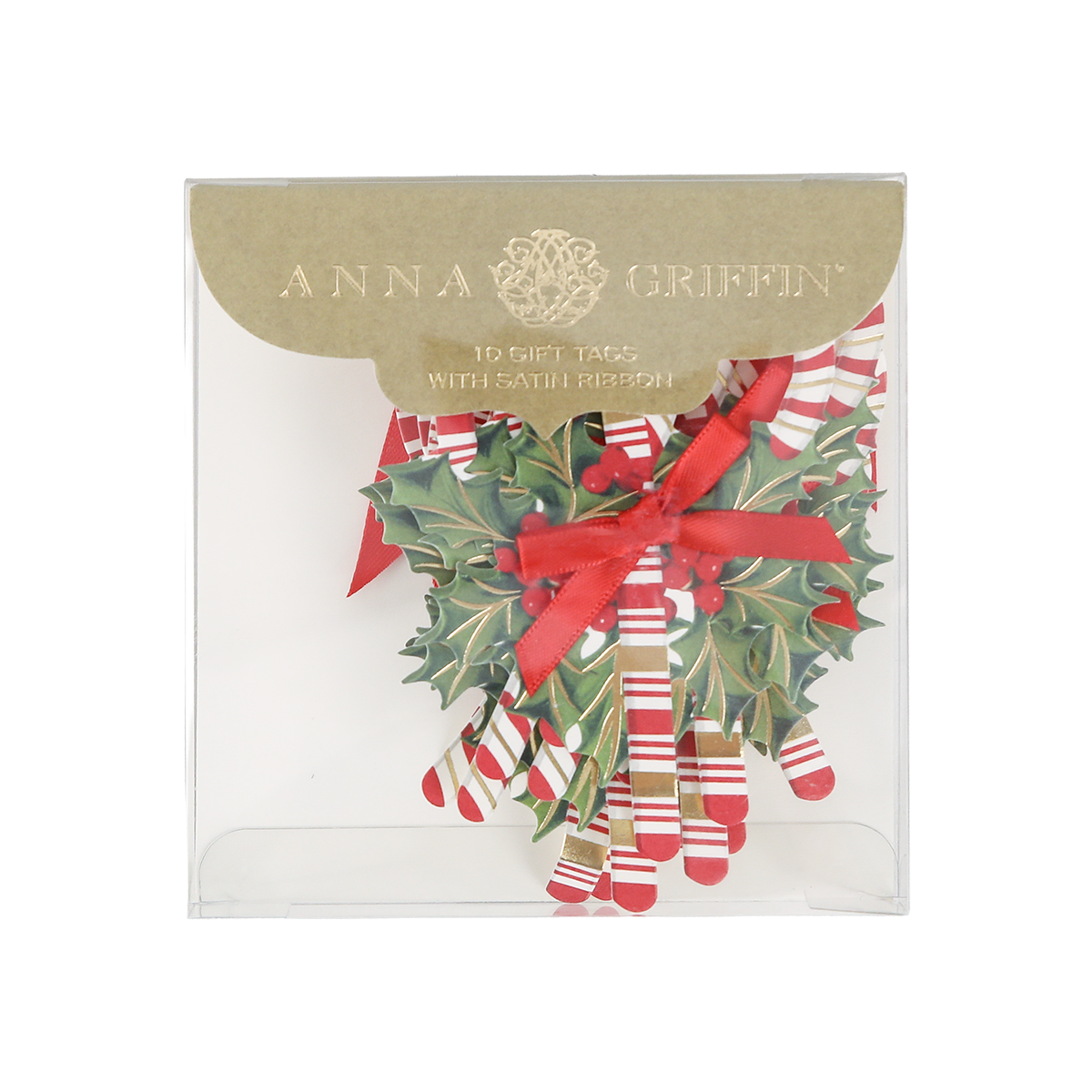 A clear plastic box containing 10 Festive Candycanes Tags by Anna Griffin, each with satin ribbon and decorated with holly and candy cane designs.