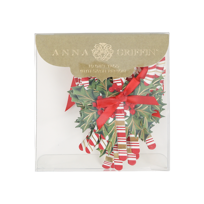 A clear plastic box containing 10 Festive Candycanes Tags by Anna Griffin, each with satin ribbon and decorated with holly and candy cane designs.