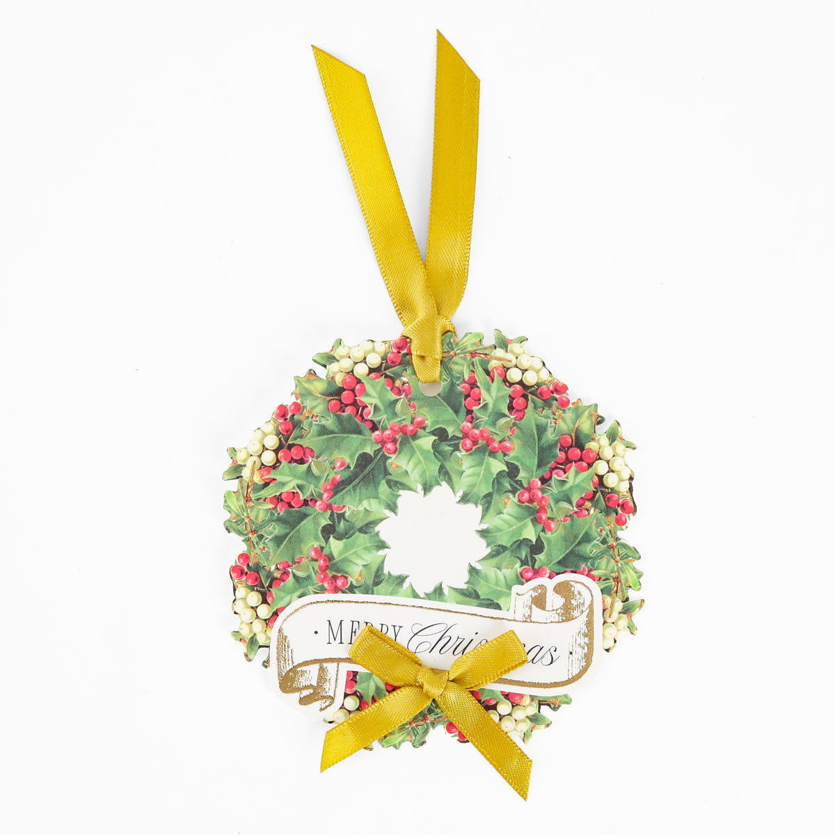Adorn your holiday celebrations with this Christmas wreath ornament featuring holly leaves, red and white berries, a gold ribbon, and a “Merry Christmas” sign on a white background—ideal for pairing with the Mistletoe Wreath Tag 10 ct to add a festive touch to your gift-giving.